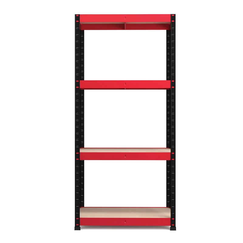RB Boss 4 x Tier Shelving Unit With Red & Black Powdercoated Steel Frame & MDF Shelves - 1600x750x350mm 175kgs UDL - NWOF
