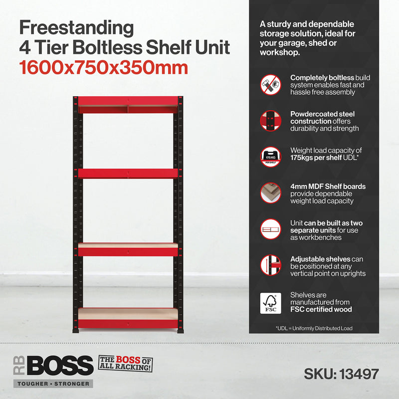 RB Boss 4 x Tier Shelving Unit With Red & Black Powdercoated Steel Frame & MDF Shelves - 1600x750x350mm 175kgs UDL - NWOF