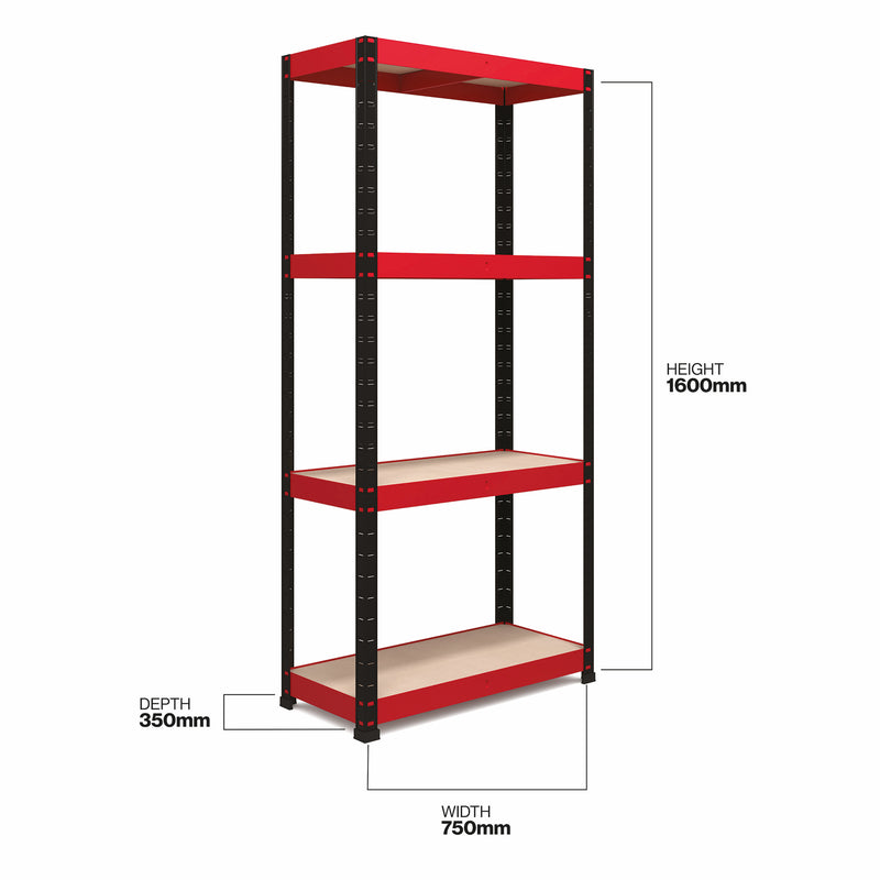 RB Boss 4 x Tier Shelving Unit With Red & Black Powdercoated Steel Frame & MDF Shelves - 1600x750x350mm 175kgs UDL - NWOF