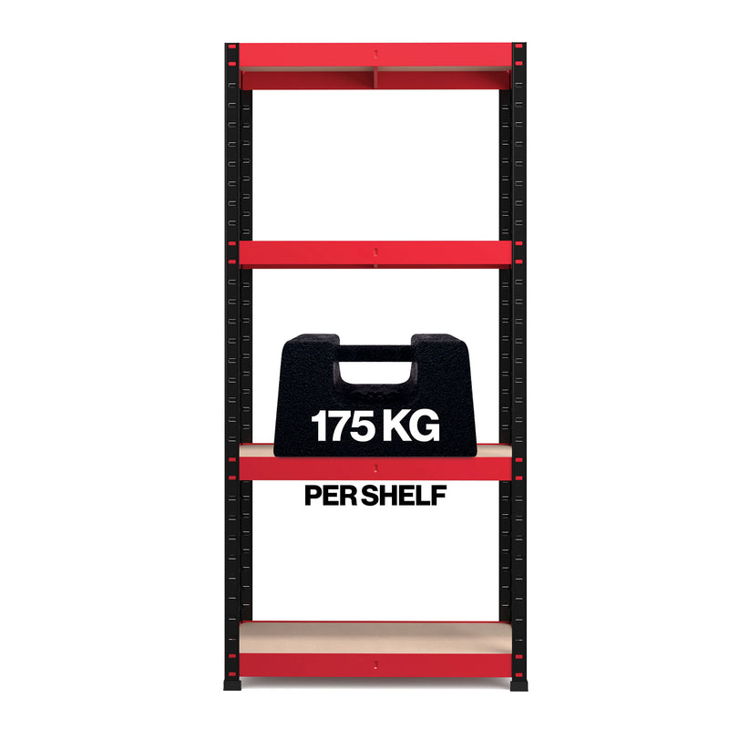 RB Boss 4 x Tier Shelving Unit With Red & Black Powdercoated Steel Frame & MDF Shelves - 1600x750x350mm 175kgs UDL - NWOF