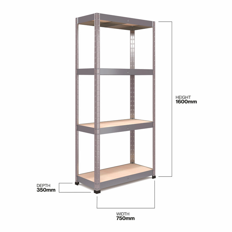 RB Boss 4 x Tier Shelving Unit With Galvanised Steel Frame & MDF Shelves - 1600x750x350mm 175kgs UDL - NWOF