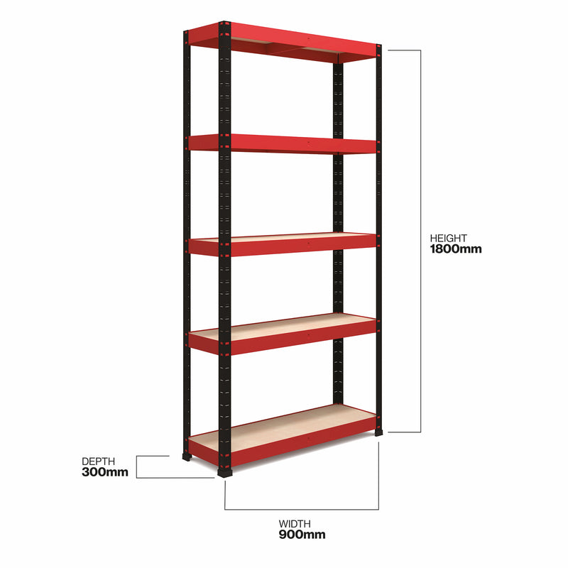 RB Boss 5 x Tier Shelving Unit With Red & Black Powdercoated Steel Frame & MDF Shelves - 1800x900x300mm 250kg UDL - NWOF