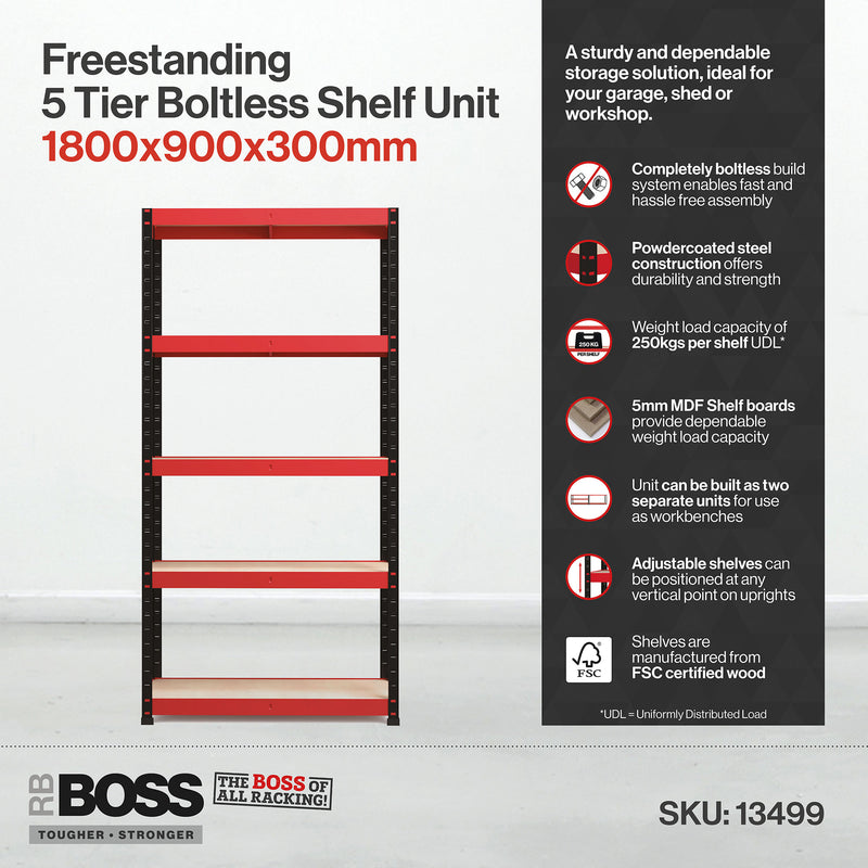 RB Boss 5 x Tier Shelving Unit With Red & Black Powdercoated Steel Frame & MDF Shelves - 1800x900x300mm 250kg UDL - NWOF