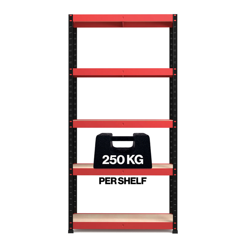 RB Boss 5 x Tier Shelving Unit With Red & Black Powdercoated Steel Frame & MDF Shelves - 1800x900x300mm 250kg UDL - NWOF