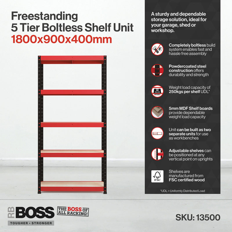 RB Boss 5 x Tier Shelving Unit With Red & Black Powdercoated Steel Frame & MDF Shelves - 1800x900x400mm 250kg UDL - NWOF