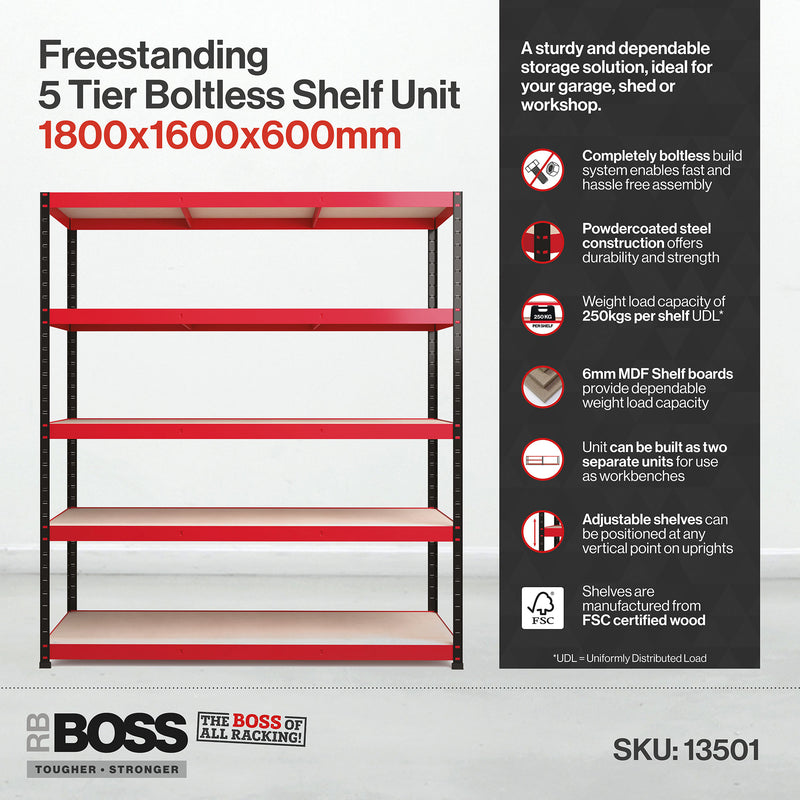 RB Boss 5 x Tier Shelving Unit With Red & Black Powdercoated Steel Frame & MDF Shelves - 1800x1600x600mm 250kg UDL - NWOF