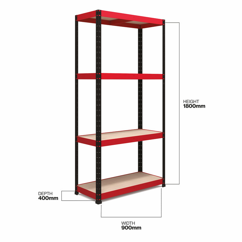 RB Boss 4 x Tier Shelving Unit With Red & Black Powdercoated Steel Frame & MDF Shelves - 1800x900x400mm 300kg UDL - NWOF