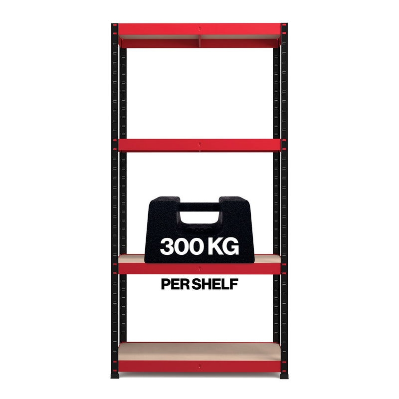 RB Boss 4 x Tier Shelving Unit With Red & Black Powdercoated Steel Frame & MDF Shelves - 1800x900x400mm 300kg UDL - NWOF