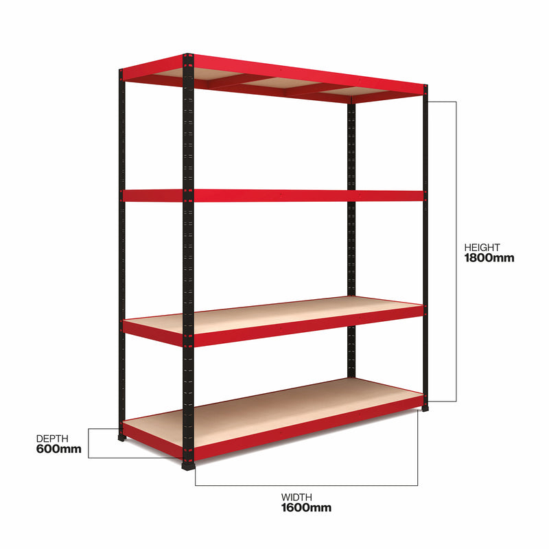 RB Boss 4 x Tier Shelving Unit With Red & Black Powdercoated Steel Frame & MDF Shelves - 1800x1600x600mm 300kg UDL - NWOF
