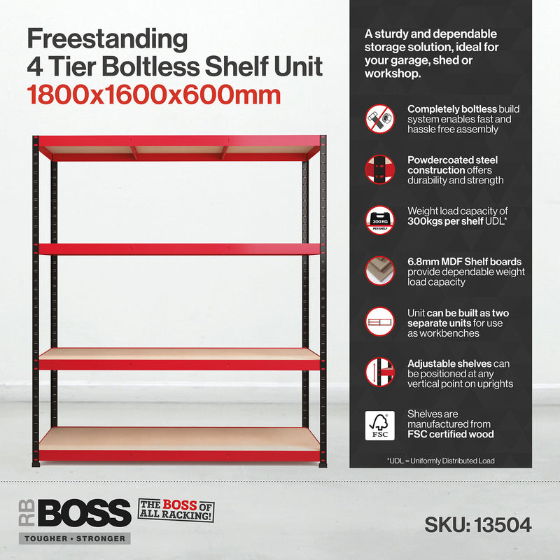 RB Boss 4 x Tier Shelving Unit With Red & Black Powdercoated Steel Frame & MDF Shelves - 1800x1600x600mm 300kg UDL - NWOF