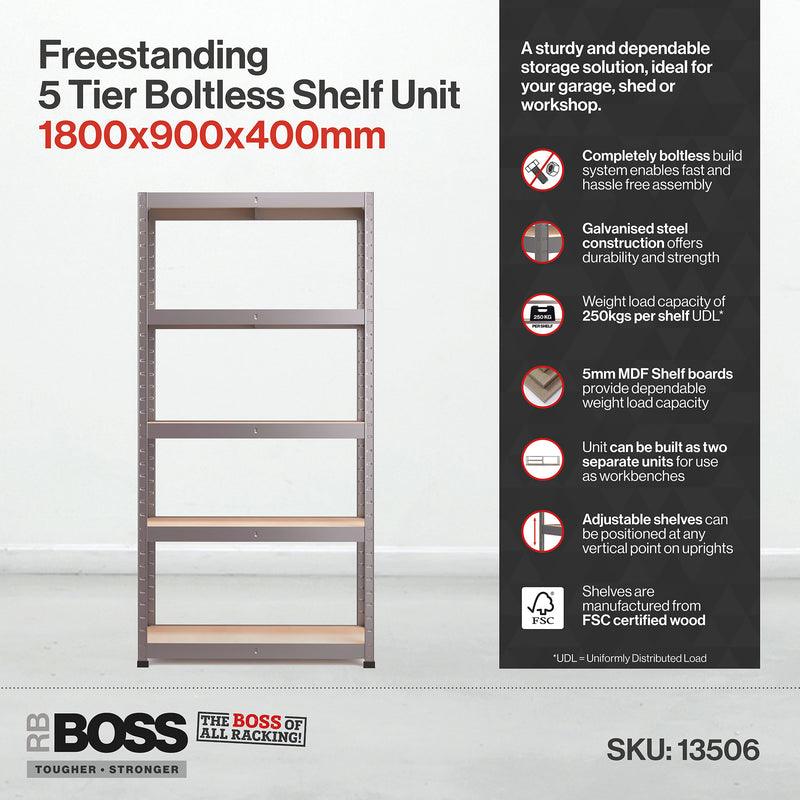 RB Boss 5 x Tier Shelving Unit With Galvanised Steel Frame & MDF Shelves - 1800x900x400mm 250kg UDL - NWOF