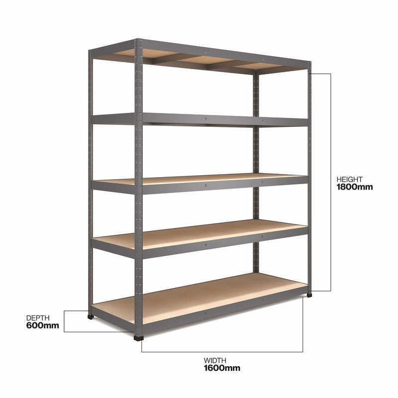 RB Boss 5 x Tier Shelving Unit With Galvanised Steel Frame & MDF Shelves - 1800x1600x600mm 250kg UDL - NWOF