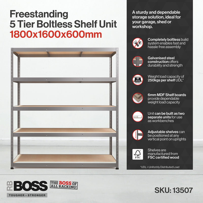 RB Boss 5 x Tier Shelving Unit With Galvanised Steel Frame & MDF Shelves - 1800x1600x600mm 250kg UDL - NWOF