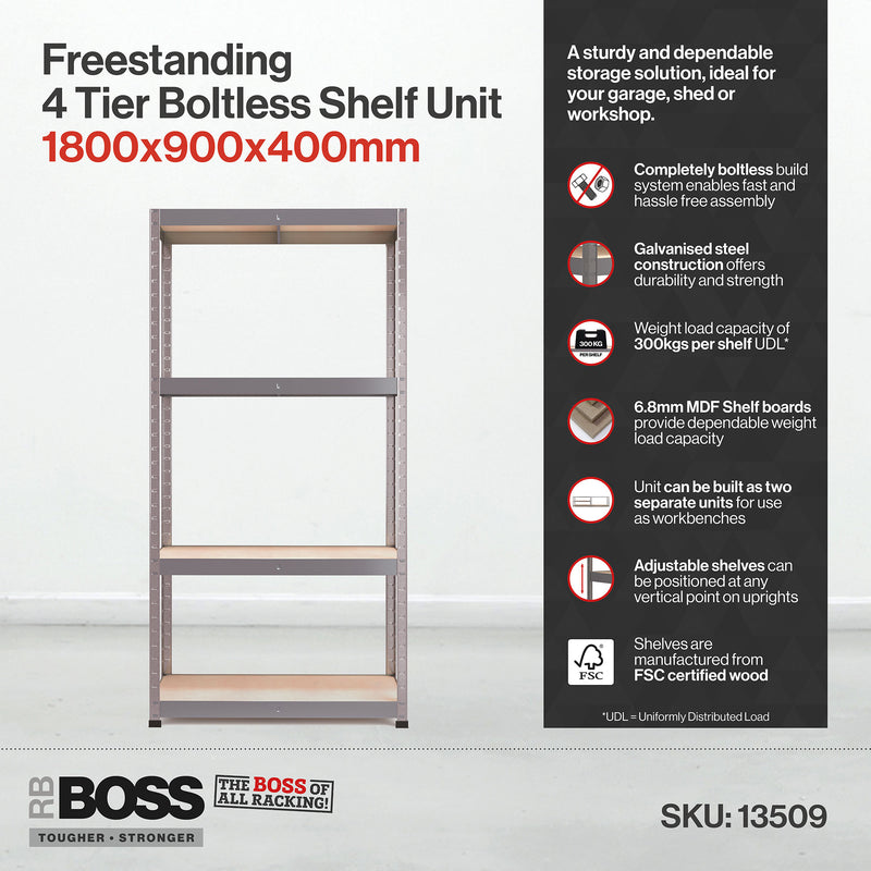 RB Boss 4 x Tier Shelving Unit With Galvanised Steel Frame & MDF Shelves - 1800x900x400mm 300kg UDL - NWOF