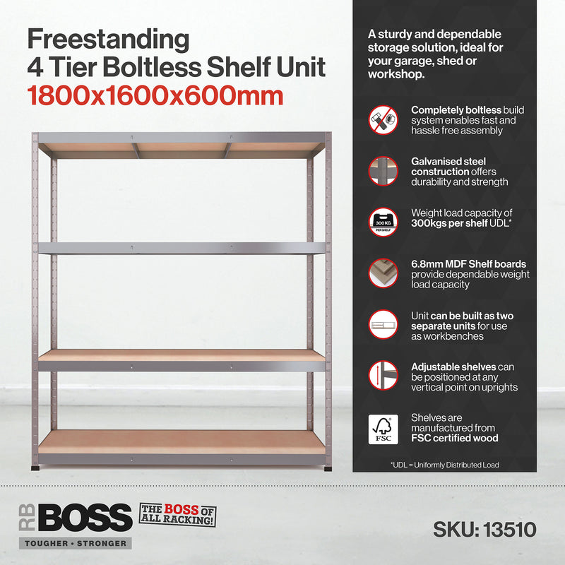 RB Boss 4 x Tier Shelving Unit With Galvanised Steel Frame & MDF Shelves - 1800x1600x600mm 300kg UDL - NWOF