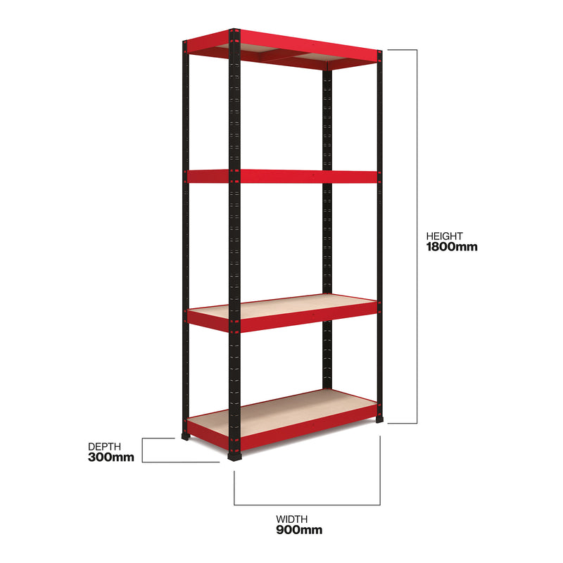 RB Boss 4 x Tier Shelving Unit With Red & Black Powdercoated Steel Frame & MDF Shelves - 1800x900x300mm 500kg UDL - NWOF