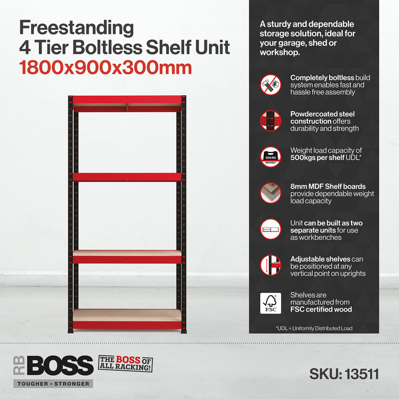 RB Boss 4 x Tier Shelving Unit With Red & Black Powdercoated Steel Frame & MDF Shelves - 1800x900x300mm 500kg UDL - NWOF