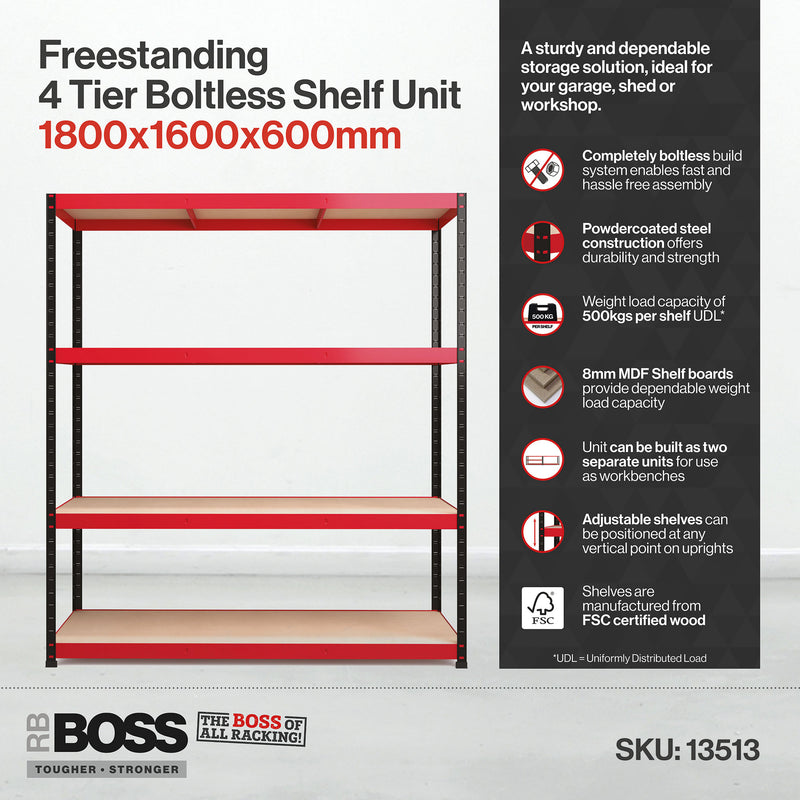 RB Boss 4 x Tier Shelving Unit With Red & Black Powdercoated Steel Frame & MDF Shelves - 1800x1600x600mm 500kg UDL - NWOF