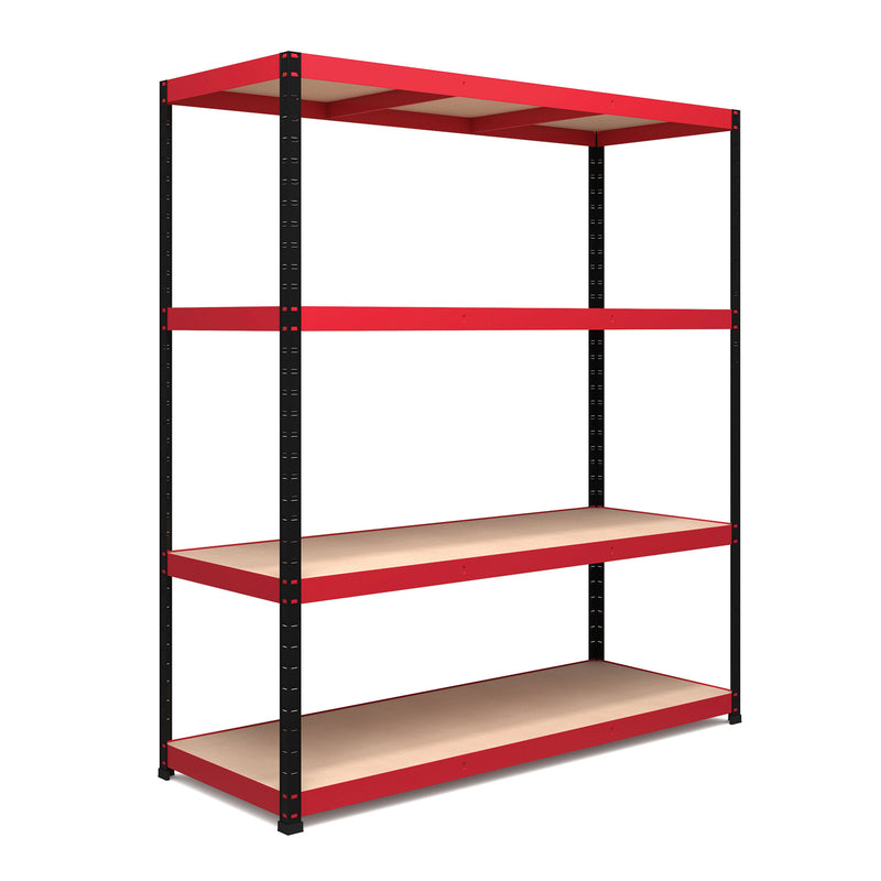 RB Boss 4 x Tier Shelving Unit With Red & Black Powdercoated Steel Frame & MDF Shelves - 1800x1600x600mm 500kg UDL - NWOF
