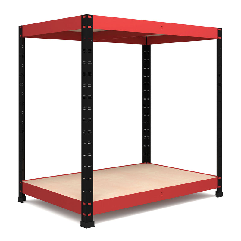 RB Boss 2 x Tier Workstation Unit With Red & Black Powdercoated Steel Frame & Chipboard Shelves - 900x900x600mm 800kg UDL - NWOF