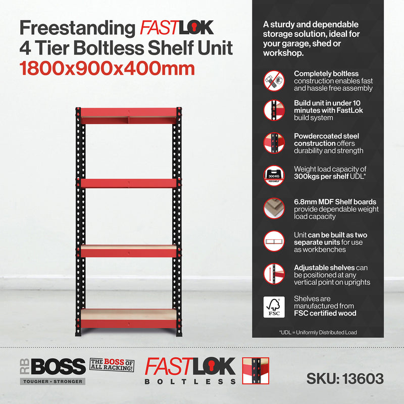 RB Boss FastLok 4 x Tier Shelving Unit With Red & Black Powdercoated Steel Frame & MDF Shelves - 1800x900x400mm 300kg UDL - NWOF