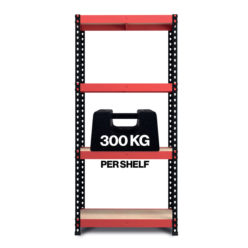 RB Boss FastLok 4 x Tier Shelving Unit With Red & Black Powdercoated Steel Frame & MDF Shelves - 1800x900x400mm 300kg UDL - NWOF