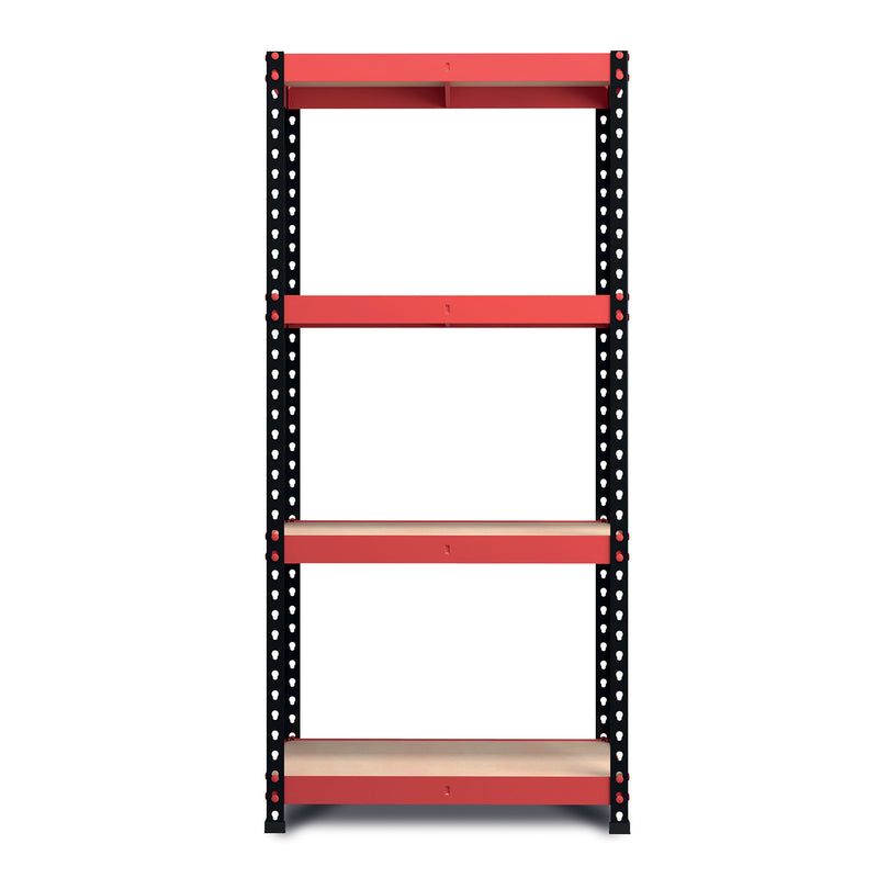 RB Boss FastLok 4 x Tier Shelving Unit With Red & Black Powdercoated Steel Frame & MDF Shelves - 1800x900x400mm 300kg UDL - NWOF