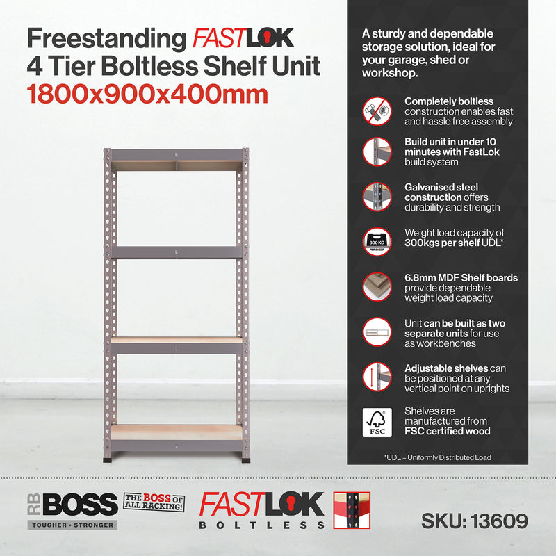 RB Boss FastLok 4 x Tier Shelving Unit With Galvanised Steel Frame & MDF Shelves - 1800x900x400mm 300kg UDL - NWOF