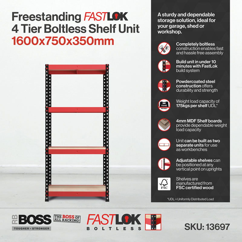 RB Boss FastLok 4 x Tier Shelving Unit With Red & Black Powdercoated Steel Frame & MDF Shelves - 1600x750x350mm 175kgs UDL - NWOF