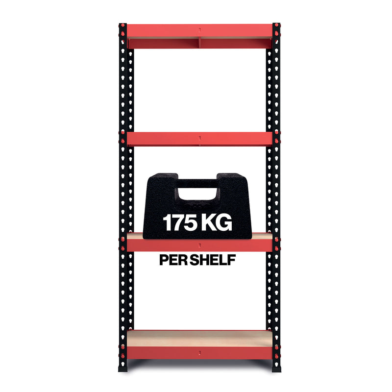 RB Boss FastLok 4 x Tier Shelving Unit With Red & Black Powdercoated Steel Frame & MDF Shelves - 1600x750x350mm 175kgs UDL - NWOF