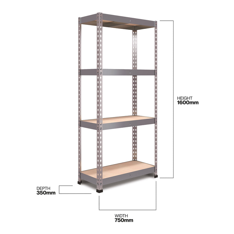 RB Boss FastLok 4 x Tier Shelving Unit With Galvanised Steel Frame & MDF Shelves - 1600x750x350mm 175kgs UDL - NWOF