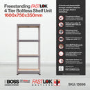 RB Boss FastLok 4 x Tier Shelving Unit With Galvanised Steel Frame & MDF Shelves - 1600x750x350mm 175kgs UDL - NWOF