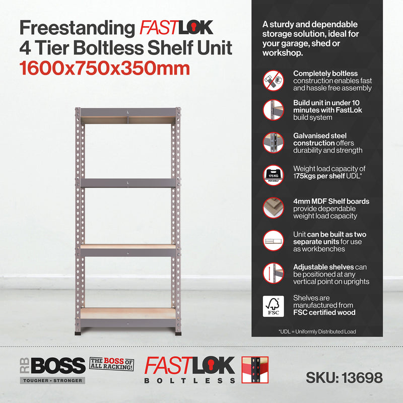 RB Boss FastLok 4 x Tier Shelving Unit With Galvanised Steel Frame & MDF Shelves - 1600x750x350mm 175kgs UDL - NWOF