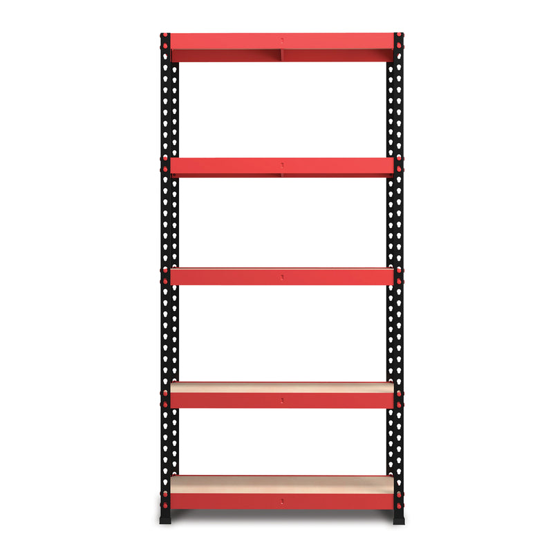 RB Boss FastLok 5 x Tier Shelving Unit With Red & Black Powdercoated Steel Frame & MDF Shelves - 1800x900x300mm 250kg UDL - NWOF