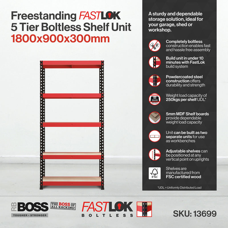 RB Boss FastLok 5 x Tier Shelving Unit With Red & Black Powdercoated Steel Frame & MDF Shelves - 1800x900x300mm 250kg UDL - NWOF