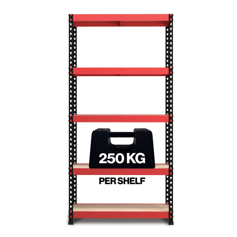 RB Boss FastLok 5 x Tier Shelving Unit With Red & Black Powdercoated Steel Frame & MDF Shelves - 1800x900x300mm 250kg UDL - NWOF