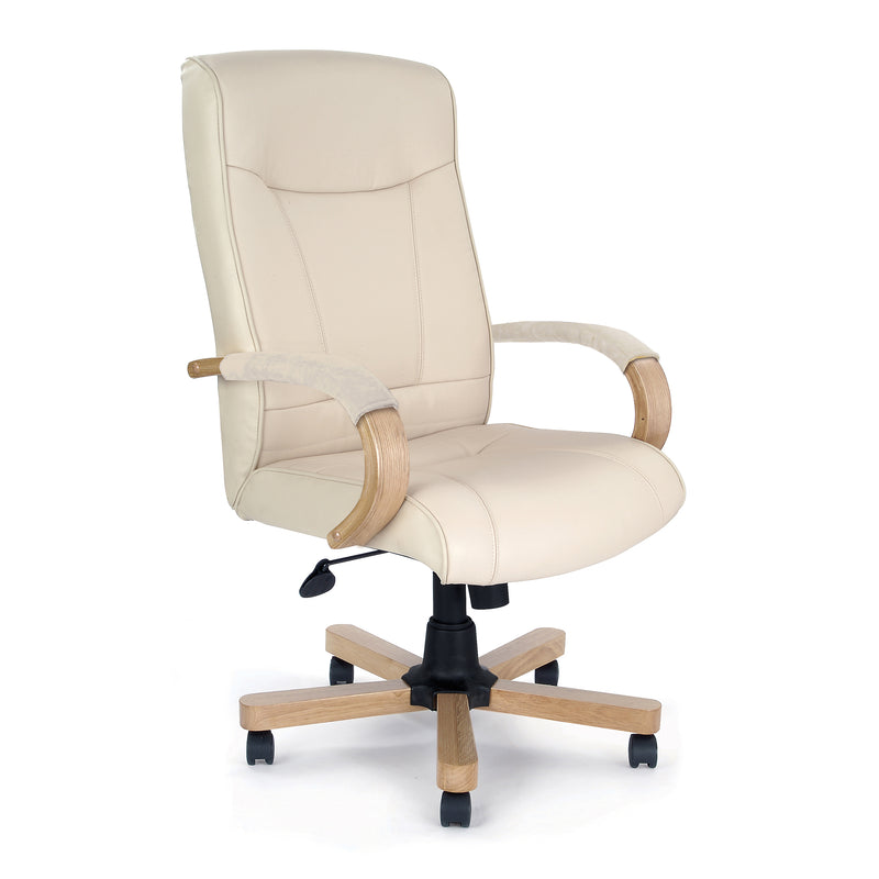 Troon High Back Leather Faced Executive Chair With Oak Effect Arms & Base - NWOF