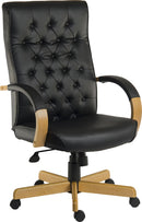 Teknik Office Warwick Noir Bonded Leather Traditional Button Back Chair With Matching Light Oak Effect Arms & Base - NWOF
