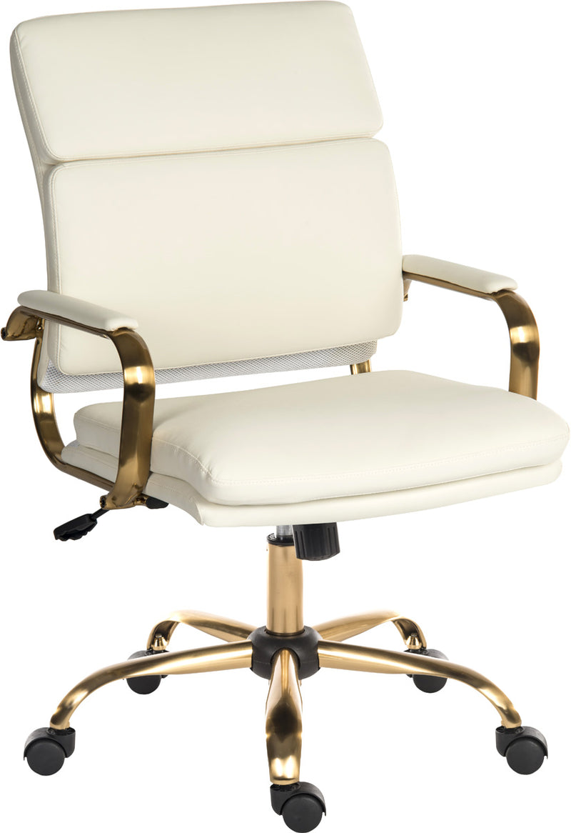 Teknik Office Vintage Executive Chair With Supple White Leather Look Fabric & Brass Coloured Metal Frame & Five Star Base