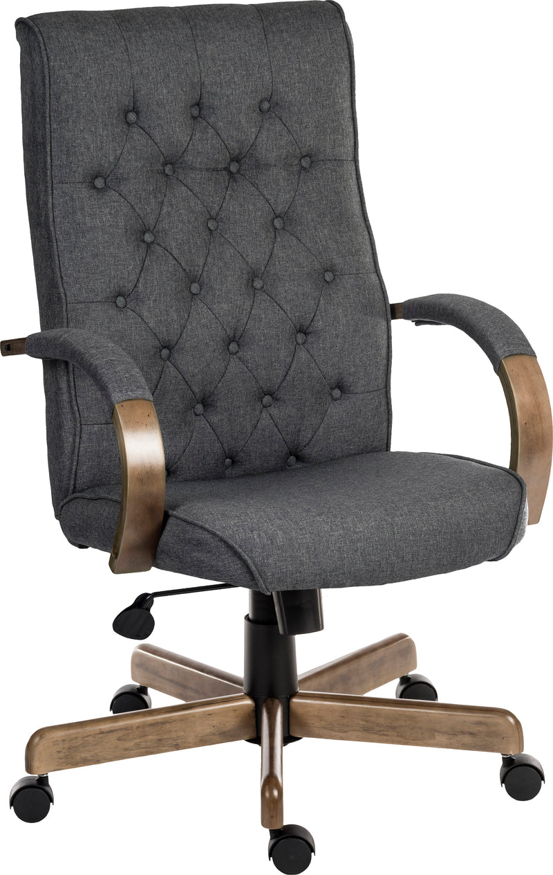 Teknik Office Warwick Grey Fabric Traditional Button Back Chair With Driftwood Effect Arms & Base