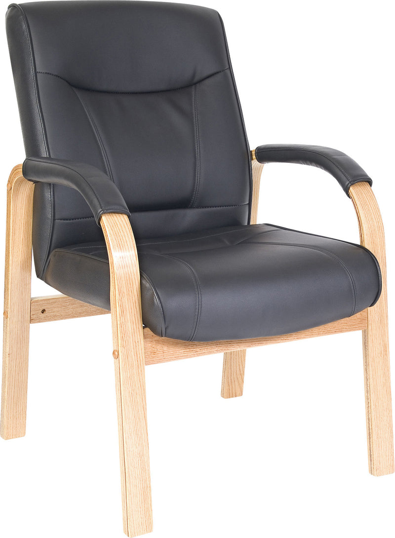 Teknik Office Kingston Black Visitor Bonded Leather Chair With Light Oak Effect Arm Frame