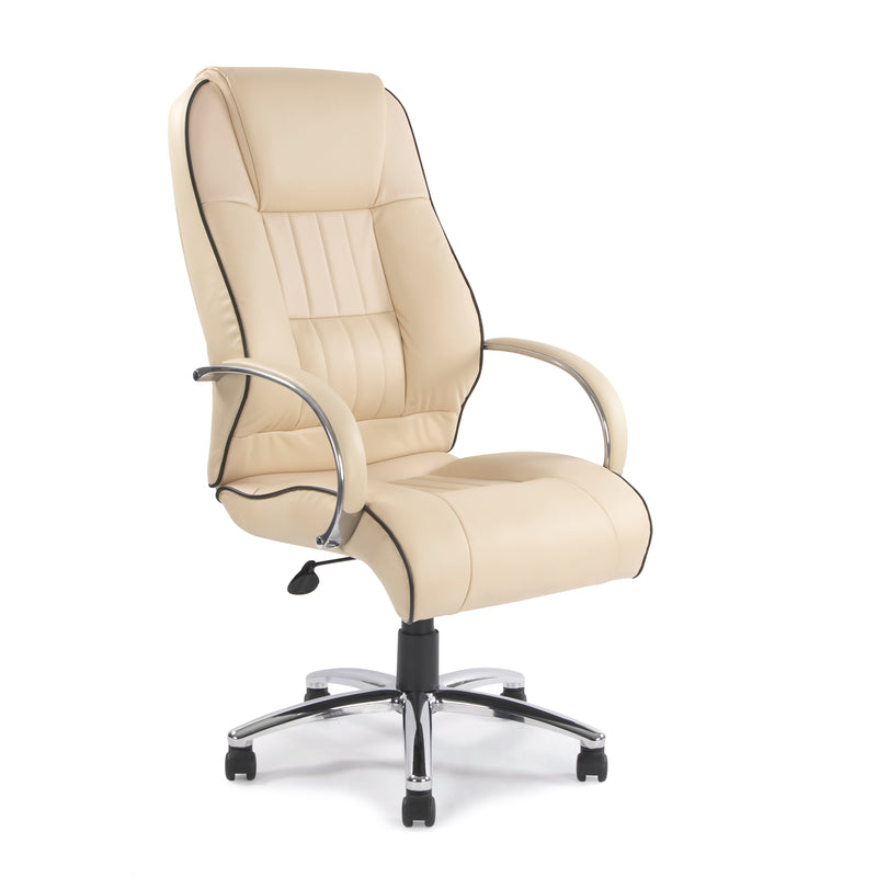 Dijon High Back Leather Faced Executive Chair With Contrasting Piping & Chrome Base - NWOF