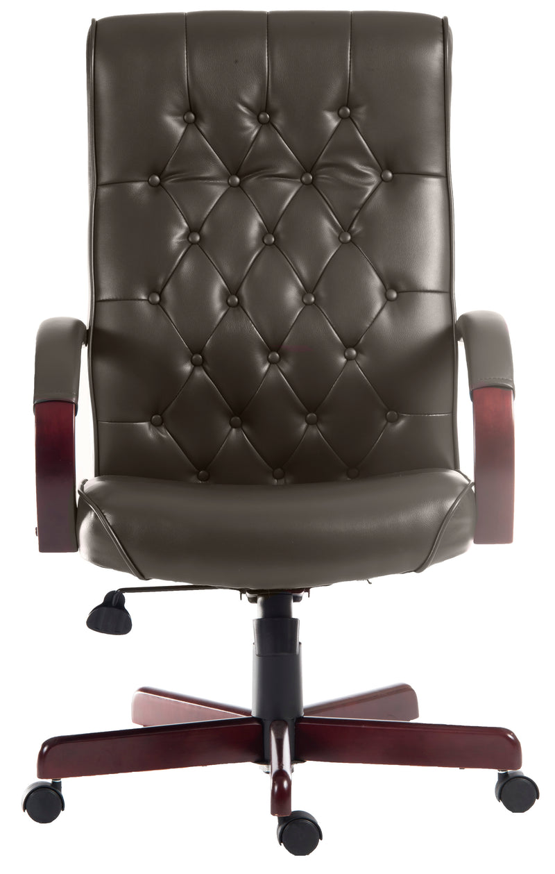 Teknik Office Warwick Brown Bonded Leather Traditional Button Back Chair With Matching Mahogany Effect Arms & Base