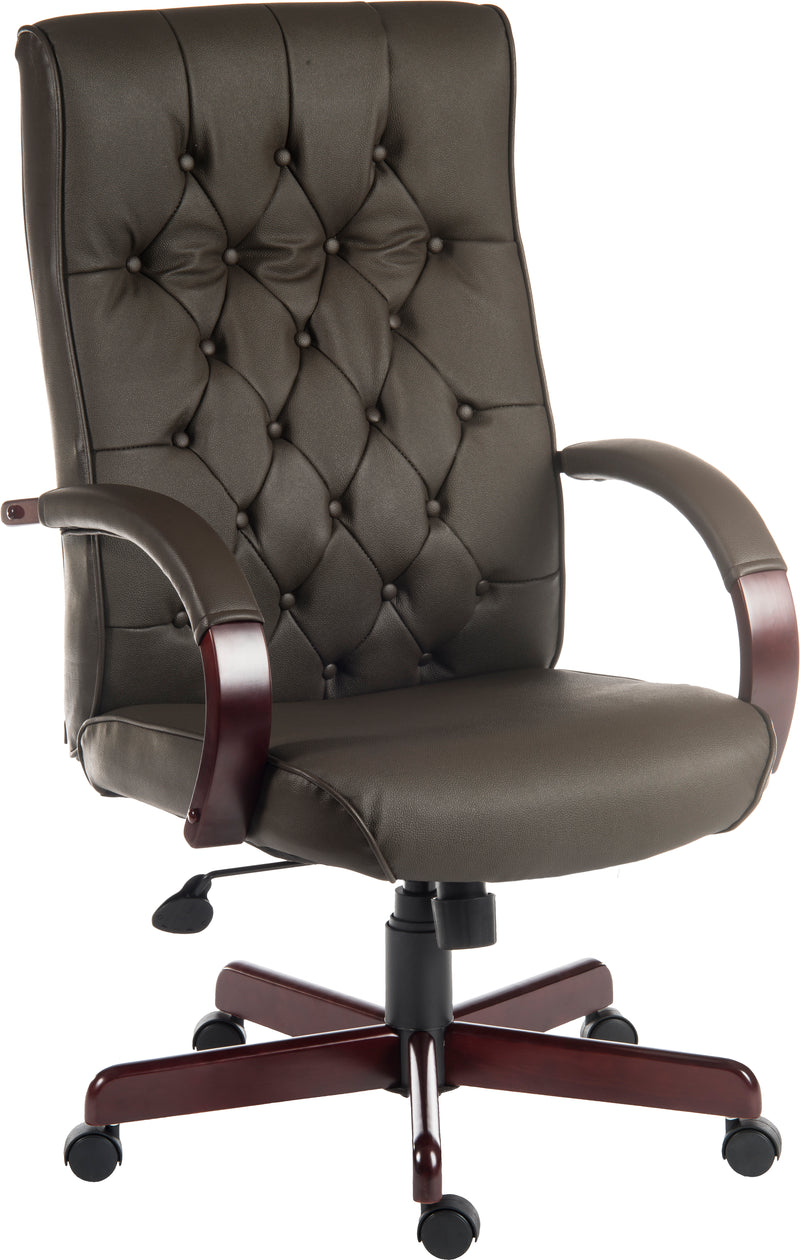 Teknik Office Warwick Brown Bonded Leather Traditional Button Back Chair With Matching Mahogany Effect Arms & Base