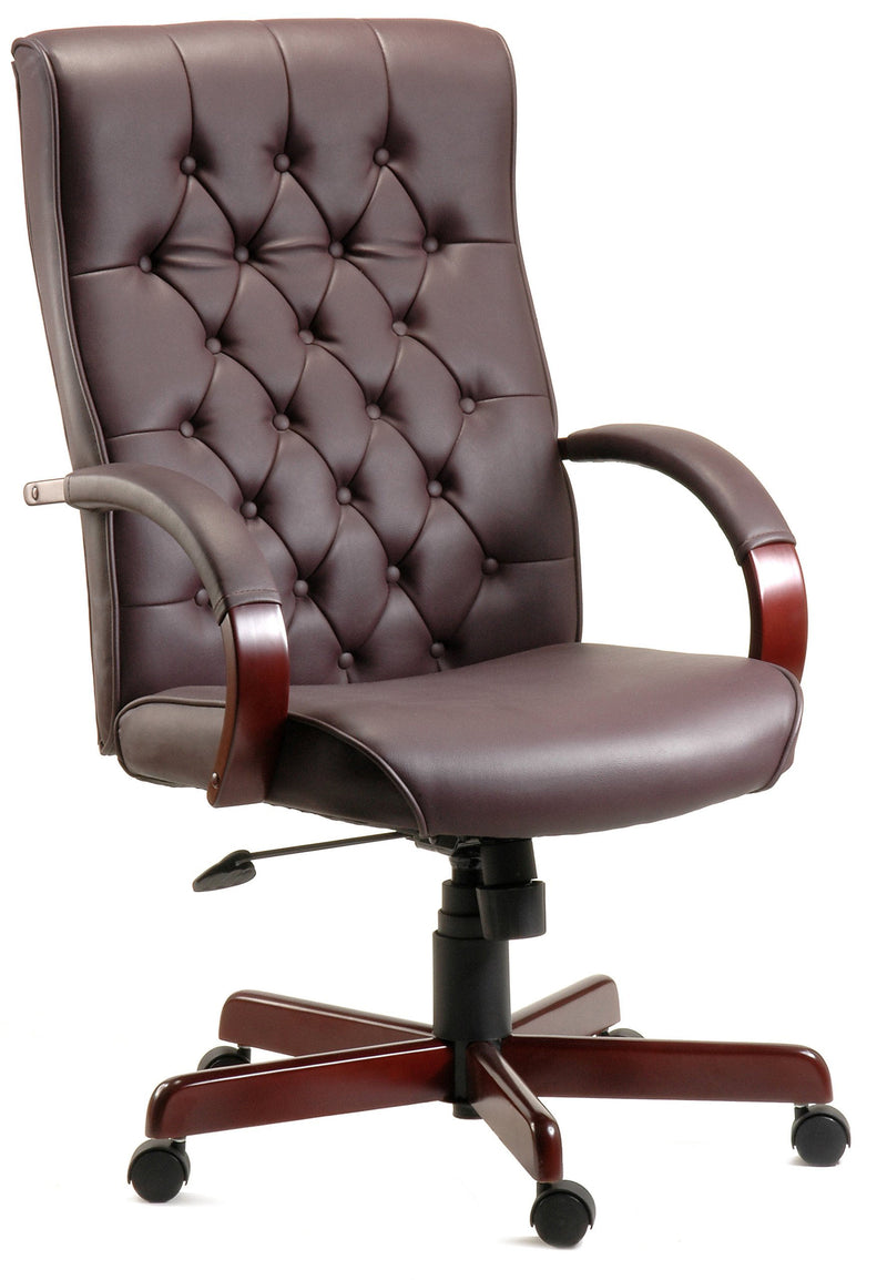 Teknik Office Warwick Burgundy Bonded Leather Traditional Button Back Chair With Matching Mahogany Effect Arms & Base