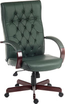 Teknik Office Warwick Green Bonded Leather Traditional Button Back Chair With Matching Mahogany Effect Arms & Base - NWOF