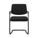Front view of Nautilus Designs Aria lightweight stackable boardroom chair with black seat and backrest, metal legs, and armrests.