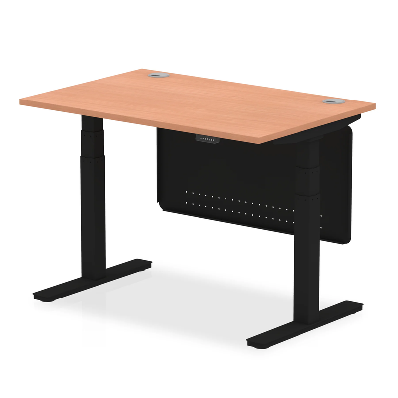 Air 800mm Deep Height Adjustable Desk With Cable Ports & Steel Modesty Panel - Beech - NWOF