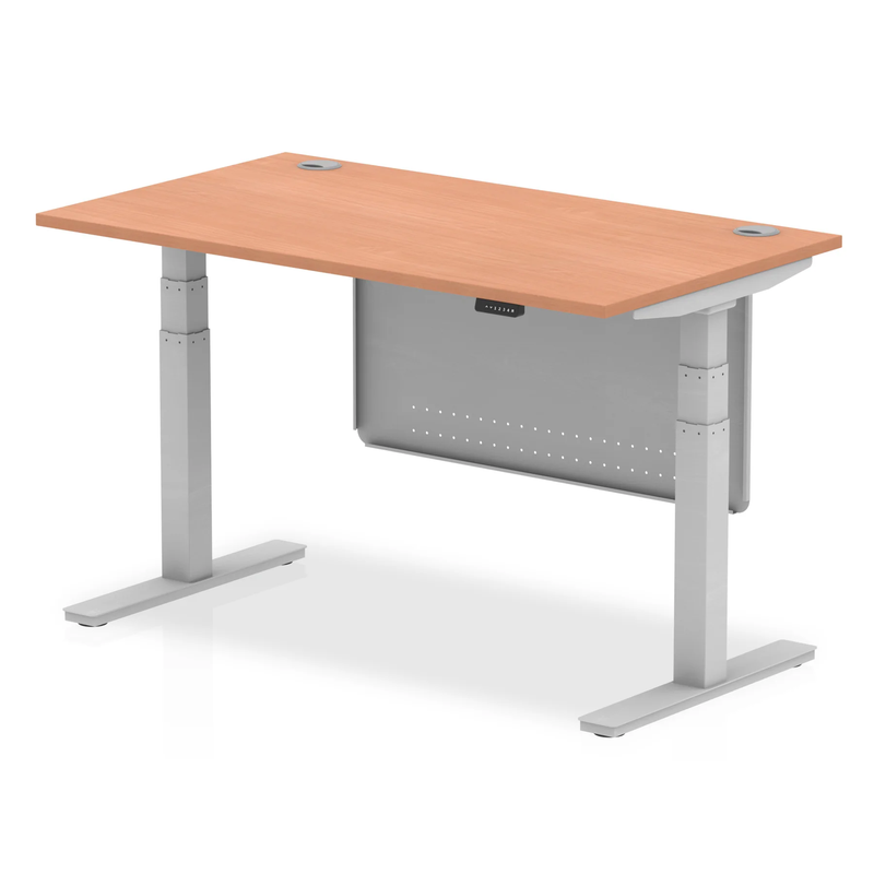 Air 800mm Deep Height Adjustable Desk With Cable Ports & Steel Modesty Panel - Beech - NWOF