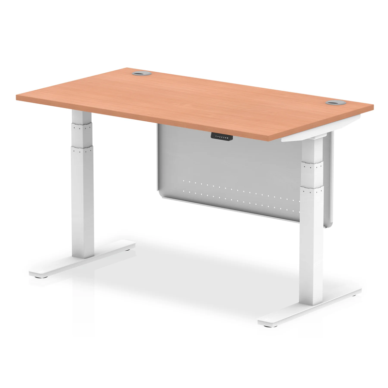 Air 800mm Deep Height Adjustable Desk With Cable Ports & Steel Modesty Panel - Beech - NWOF